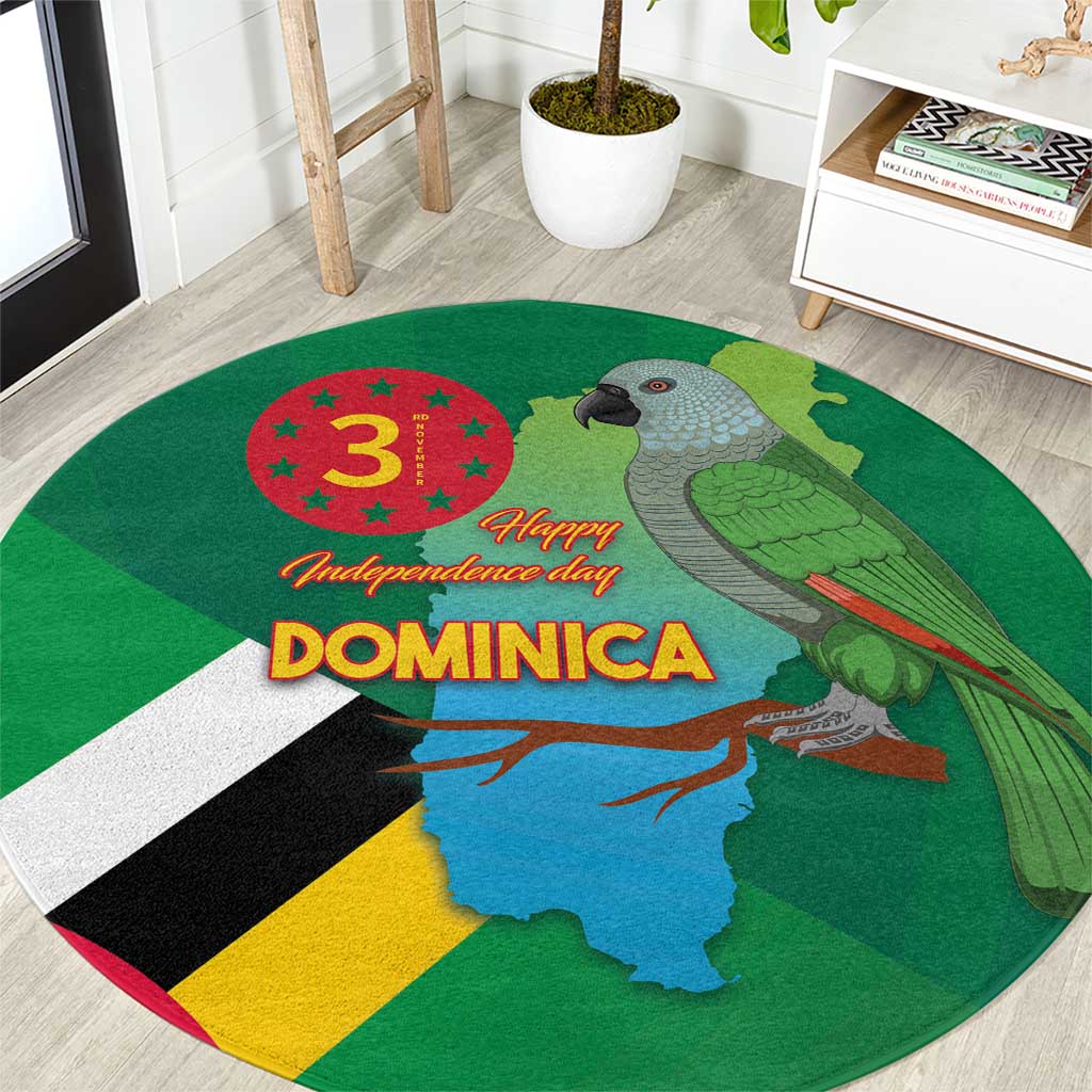 Green round carpet with parrot, map, and Independence Day text plus flag design