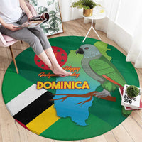 Green round carpet featuring parrot, map, and Independence Day lettering
