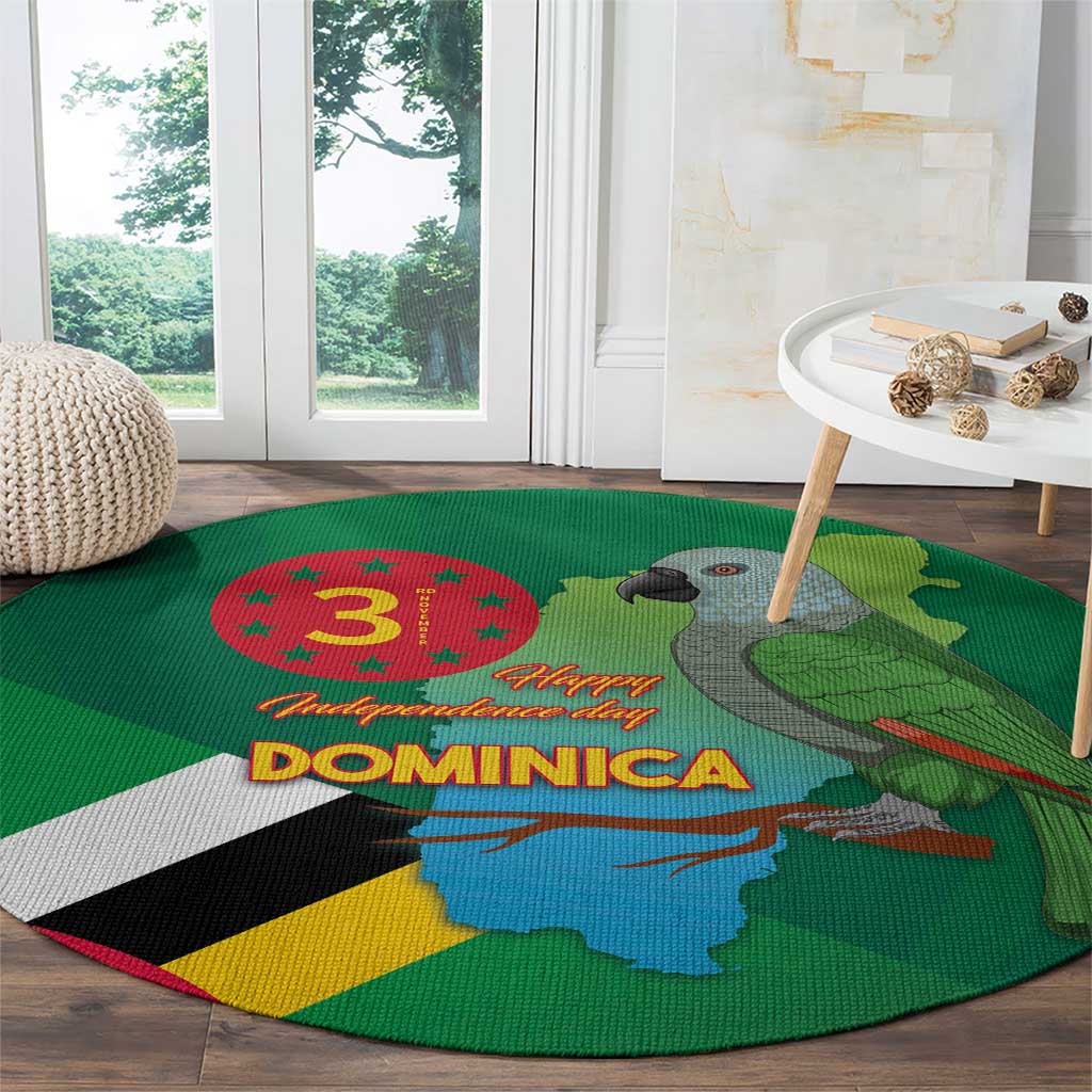 Green round carpet with parrot and map under 'Happy Independence Day' DOMINICA text