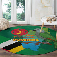 Green round carpet with parrot and map under 'Happy Independence Day' DOMINICA text