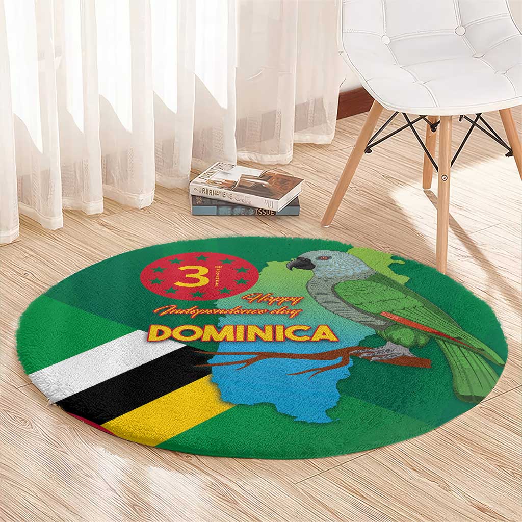Green round carpet with parrot, map, and DOMINICA Independence Day banner graphic