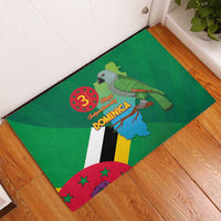 Green rubber doormat with Dominica flag and parrot over country map