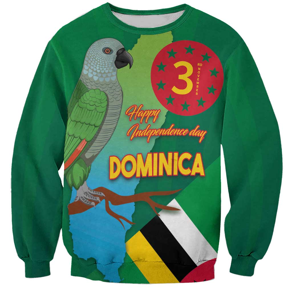 Green sweatshirt with parrot and Dominica Independence day front graphic