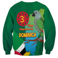 Green sweatshirt with parrot, red 3 emblem, Happy Independence day and DOMINICA print