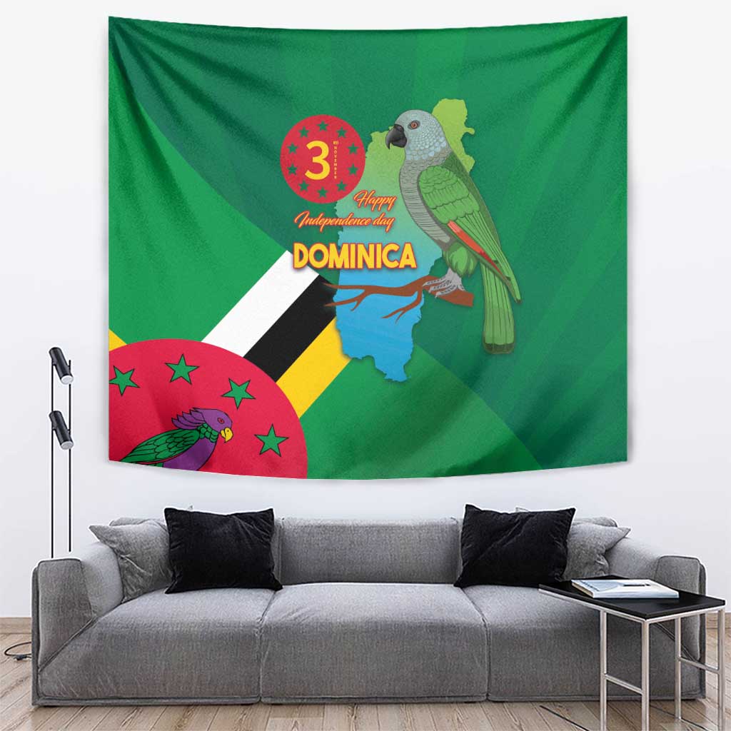 Green Dominica independence tapestry with national flag and parrot graphic