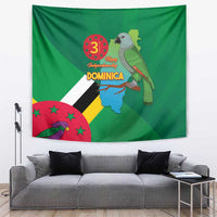 Green Dominica independence tapestry with national flag and parrot graphic