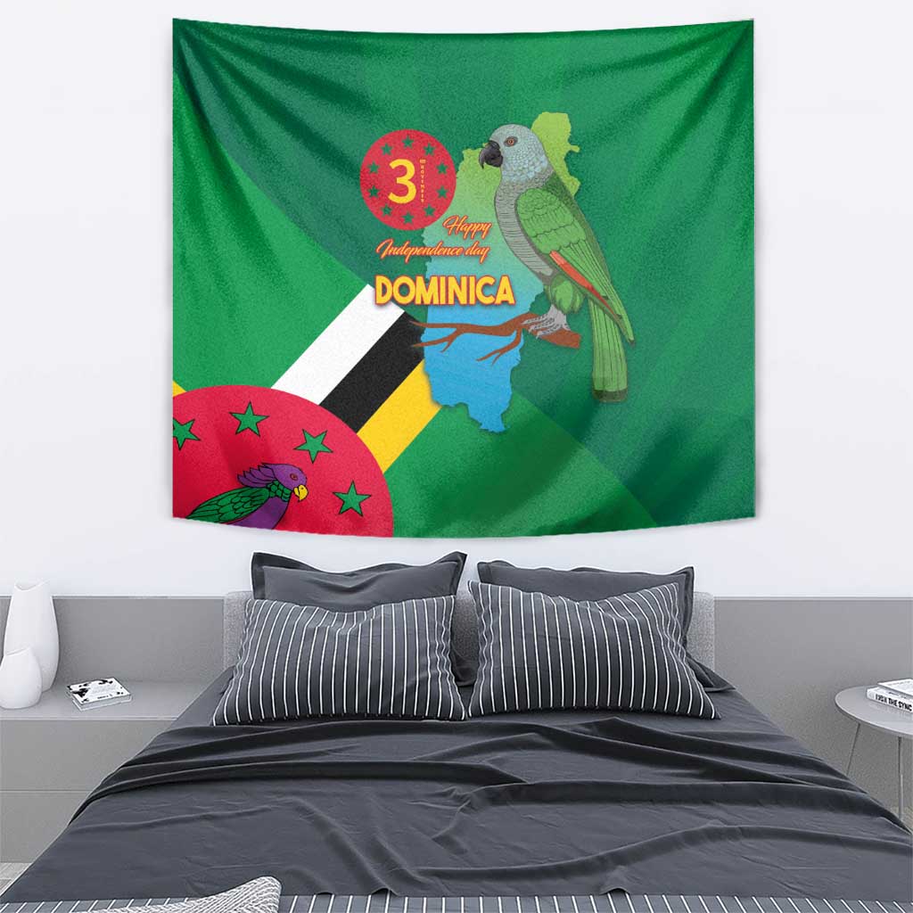 Green Dominica independence tapestry with “DOMINICA” text and parrot illustration