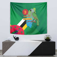 Green Dominica independence tapestry showing flag colors and parrot graphic