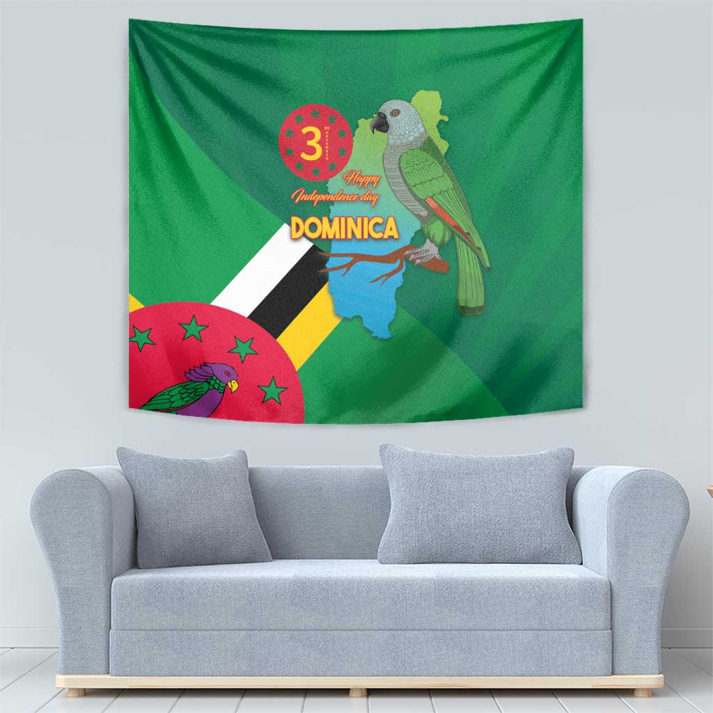Green Dominica independence tapestry featuring flag design and parrot artwork