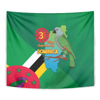 Green Dominica independence tapestry with bird, “DOMINICA” text, and flag colors