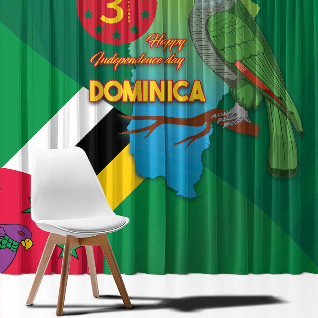 Close-up of green curtain fabric showing Dominica text and parrot bird illustration