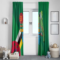 Green window curtain set with Dominica flag graphic and parrot bird design