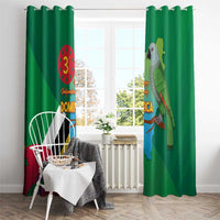 Green window curtain panels with Dominica flag, map graphic, and parrot bird print
