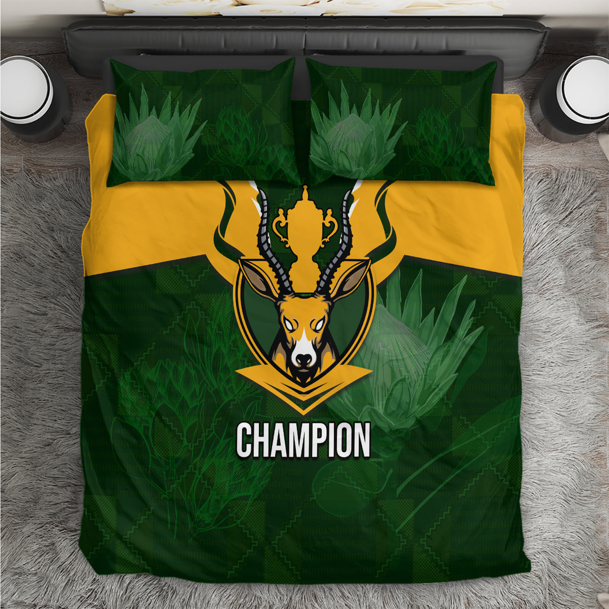 Rugby bedding set with green and yellow panels, Springbok mascot, and CHAMPION text