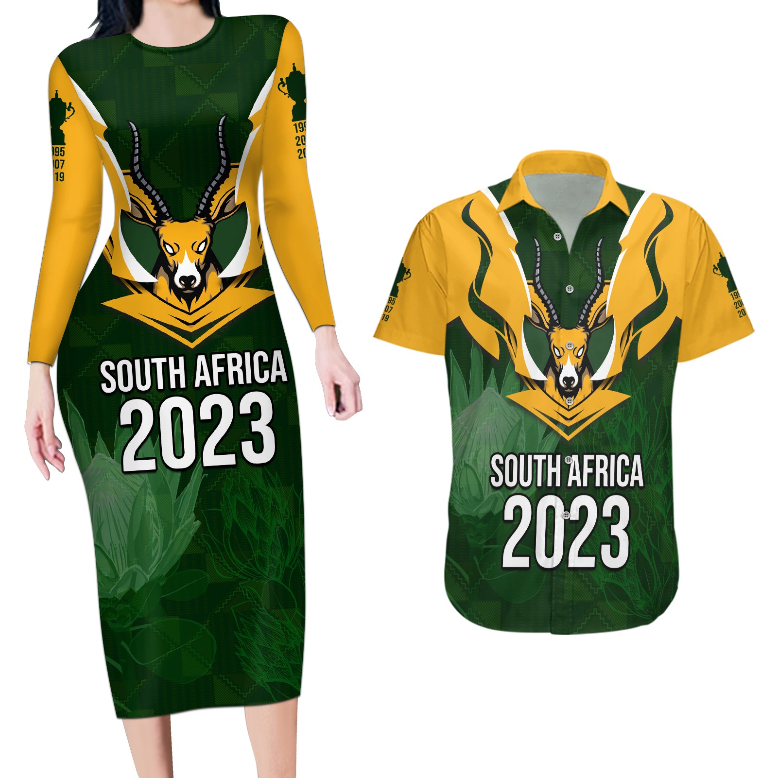 South Africa Rugby Couples Matching Long Sleeve Bodycon Dress and Hawaiian Shirt Springbok Mascot History Champion World Rugby 2023 - Wonder Print Shop