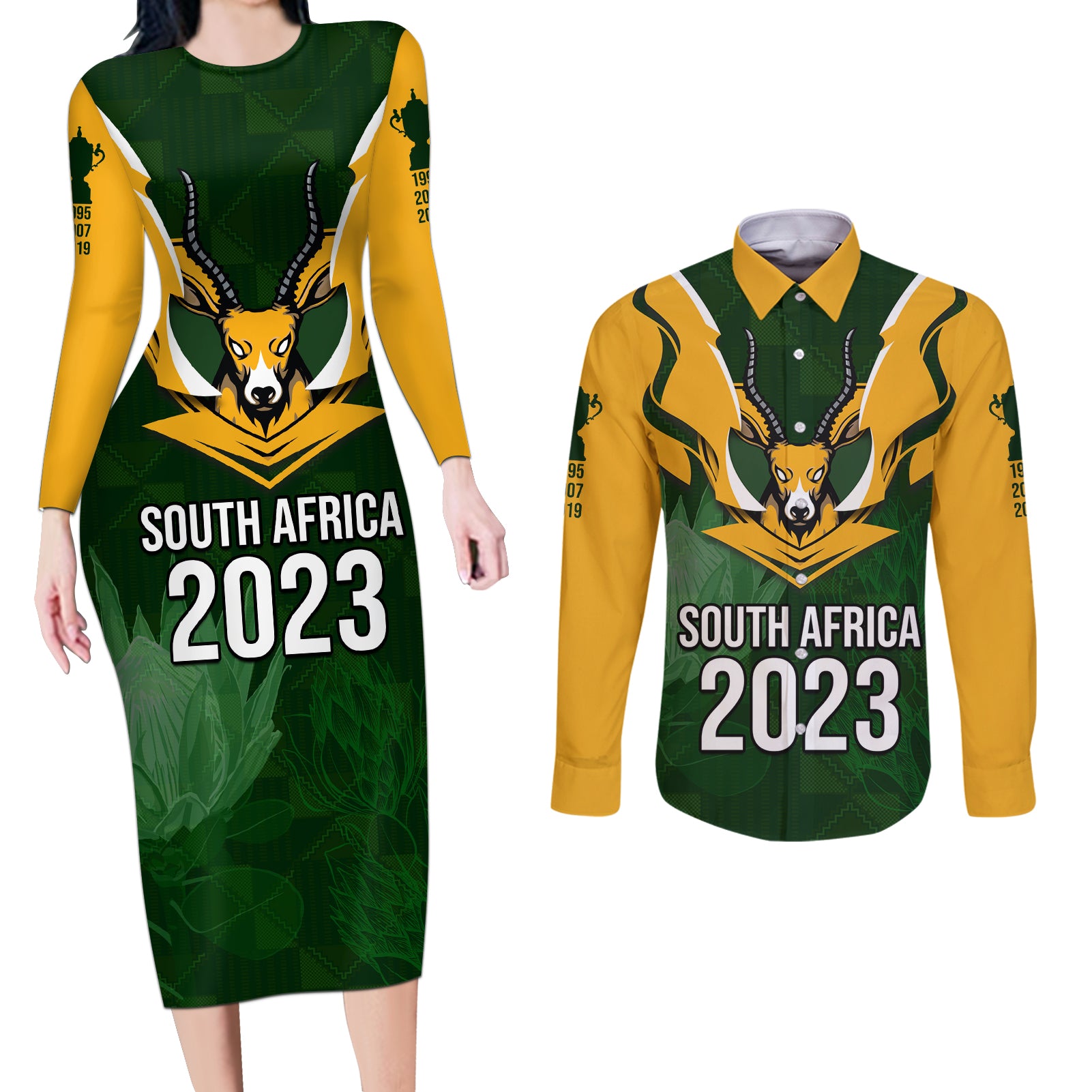 South Africa Rugby Couples Matching Long Sleeve Bodycon Dress and Long Sleeve Button Shirt Springbok Mascot History Champion World Rugby 2023 - Wonder Print Shop