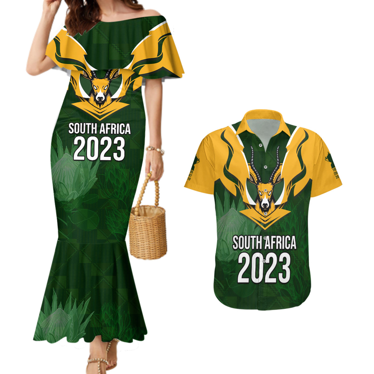 South Africa Rugby Couples Matching Mermaid Dress and Hawaiian Shirt Springbok Mascot History Champion World Rugby 2023 - Wonder Print Shop