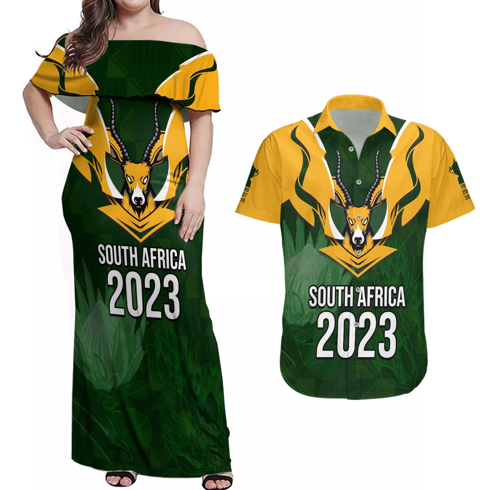 South Africa Rugby Couples Matching Off Shoulder Maxi Dress and Hawaiian Shirt Springbok Mascot History Champion World Rugby 2023 - Wonder Print Shop