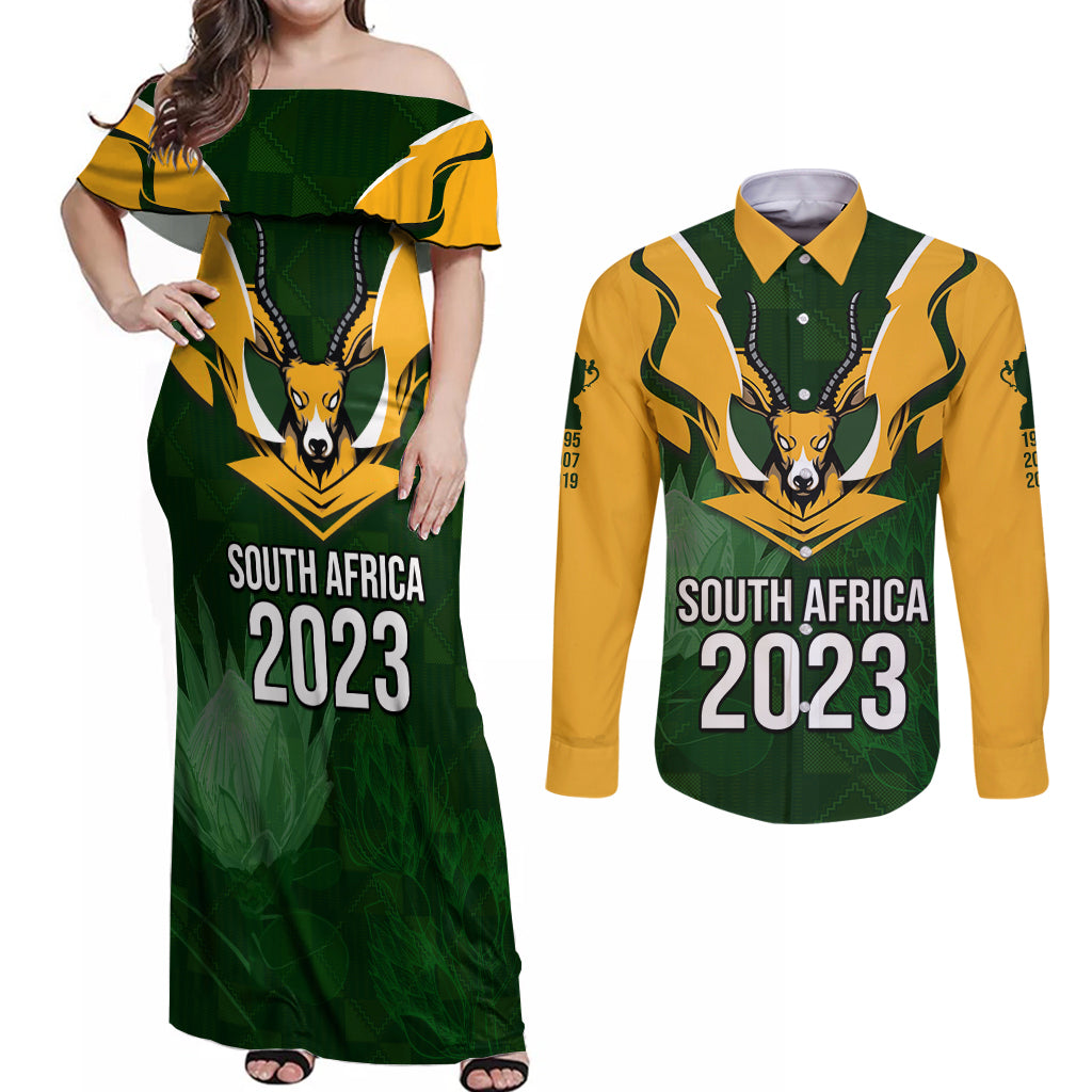 South Africa Rugby Couples Matching Off Shoulder Maxi Dress and Long Sleeve Button Shirt Springbok Mascot History Champion World Rugby 2023 - Wonder Print Shop