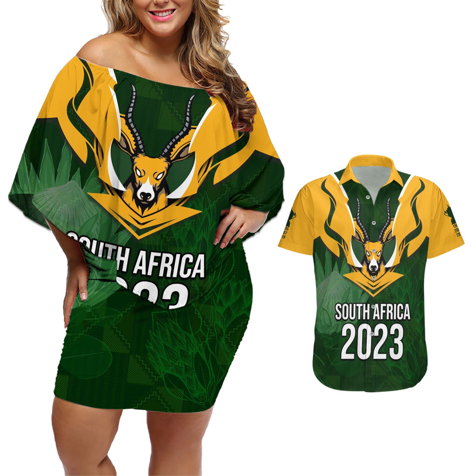 South Africa Rugby Couples Matching Off Shoulder Short Dress and Hawaiian Shirt Springbok Mascot History Champion World Rugby 2023 - Wonder Print Shop