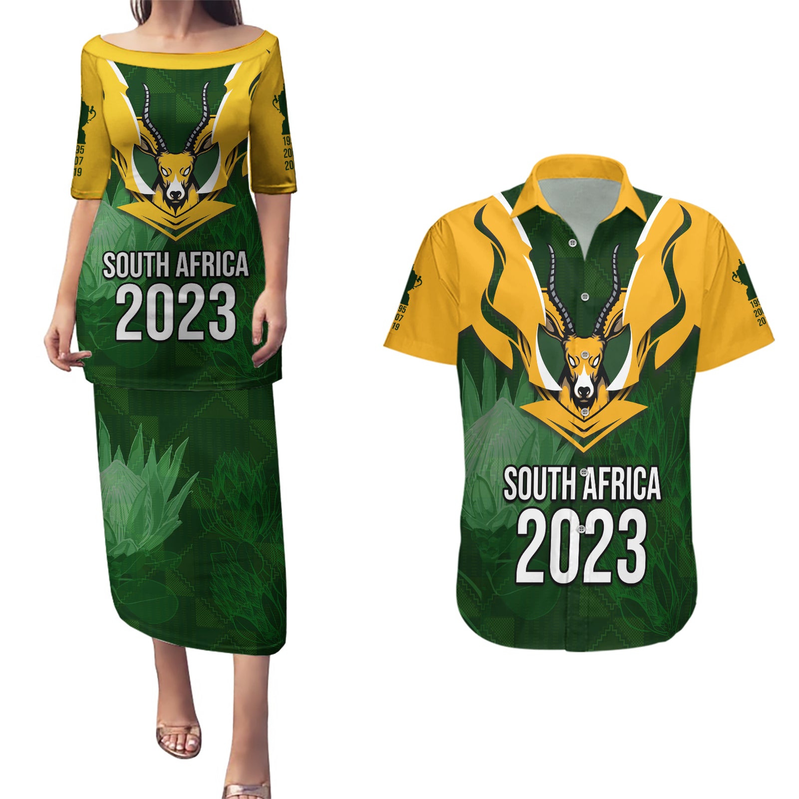 South Africa Rugby Couples Matching Puletasi Dress and Hawaiian Shirt Springbok Mascot History Champion World Rugby 2023 - Wonder Print Shop