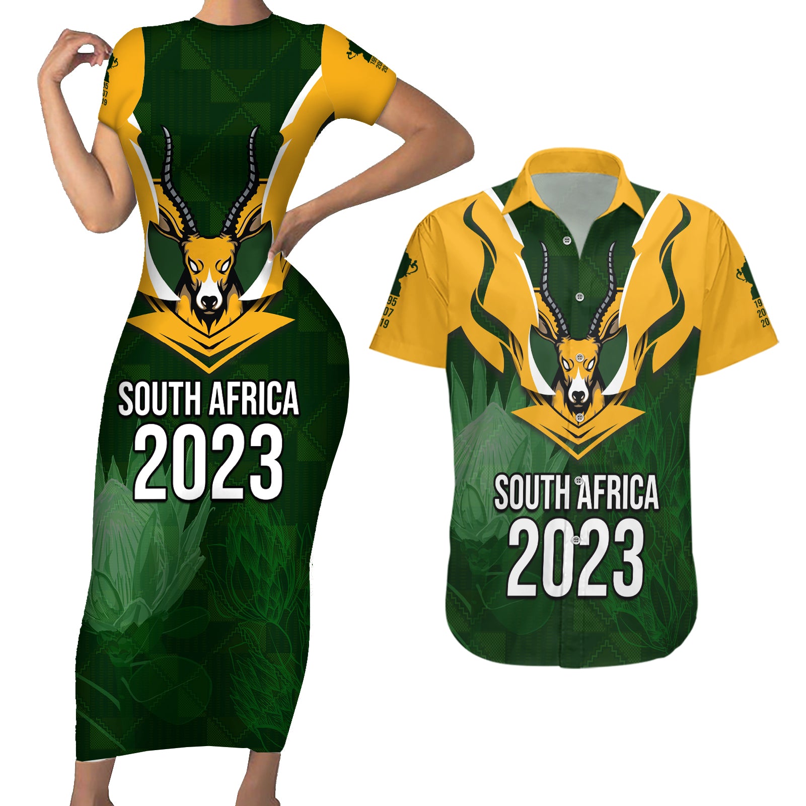 South Africa Rugby Couples Matching Short Sleeve Bodycon Dress and Hawaiian Shirt Springbok Mascot History Champion World Rugby 2023 - Wonder Print Shop