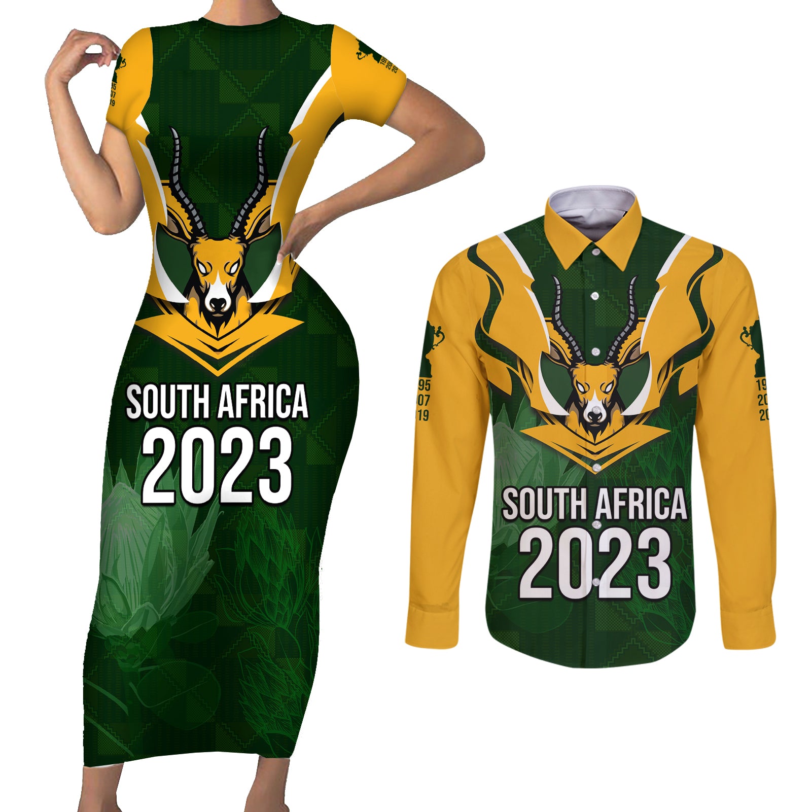 South Africa Rugby Couples Matching Short Sleeve Bodycon Dress and Long Sleeve Button Shirt Springbok Mascot History Champion World Rugby 2023 - Wonder Print Shop