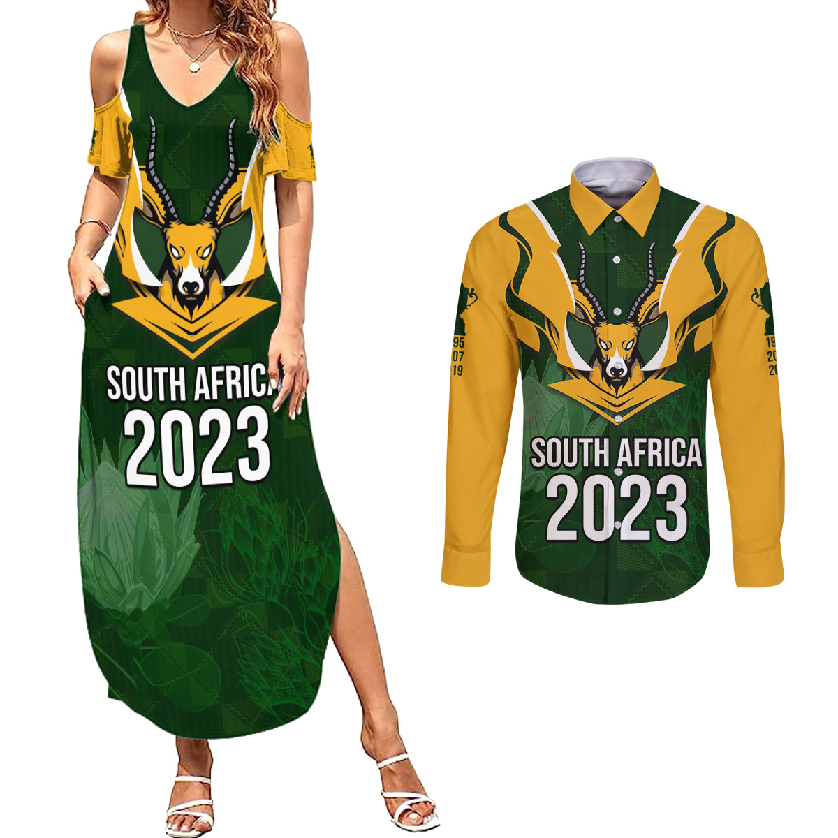 South Africa Rugby Couples Matching Summer Maxi Dress and Long Sleeve Button Shirt Springbok Mascot History Champion World Rugby 2023 - Wonder Print Shop