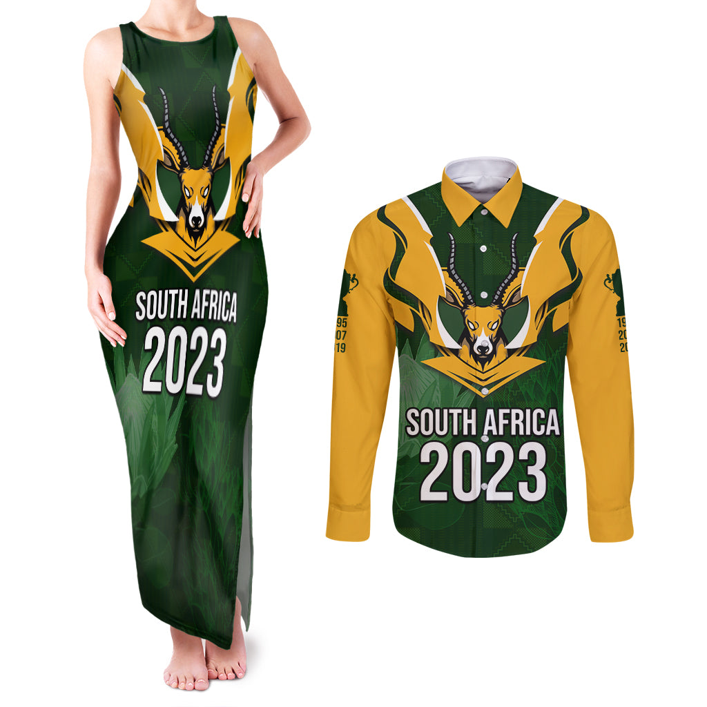 South Africa Rugby Couples Matching Tank Maxi Dress and Long Sleeve Button Shirt Springbok Mascot History Champion World Rugby 2023 - Wonder Print Shop