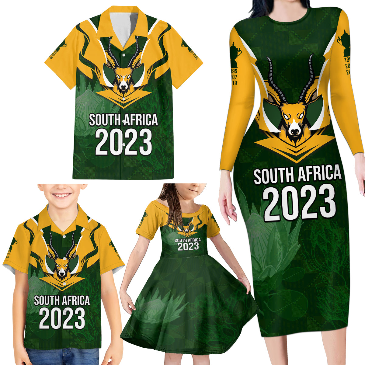 South Africa Rugby Family Matching Long Sleeve Bodycon Dress and Hawaiian Shirt Springbok Mascot History Champion World Rugby 2023 - Wonder Print Shop