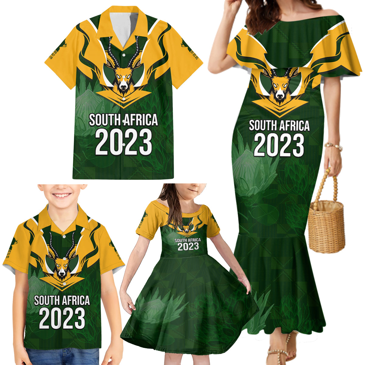 South Africa Rugby Family Matching Mermaid Dress and Hawaiian Shirt Springbok Mascot History Champion World Rugby 2023 - Wonder Print Shop