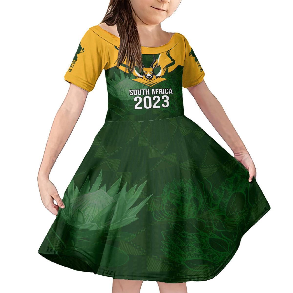 South Africa Rugby Kid Short Sleeve Dress Springbok Mascot History Champion World Rugby 2023 - Wonder Print Shop