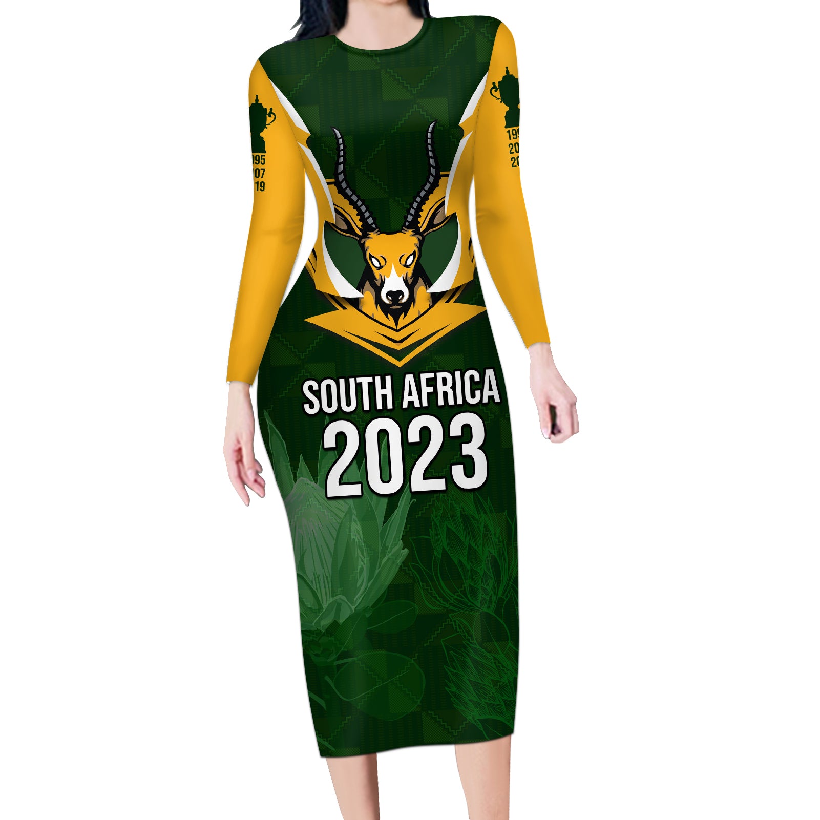 South Africa Rugby Long Sleeve Bodycon Dress Springbok Mascot History Champion World Rugby 2023 - Wonder Print Shop