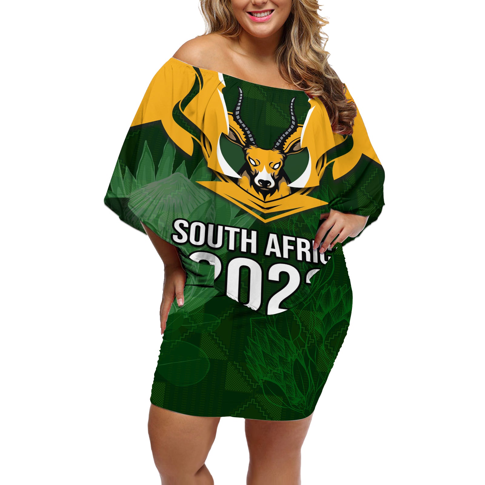 South Africa Rugby Off Shoulder Short Dress Springbok Mascot History Champion World Rugby 2023 - Wonder Print Shop