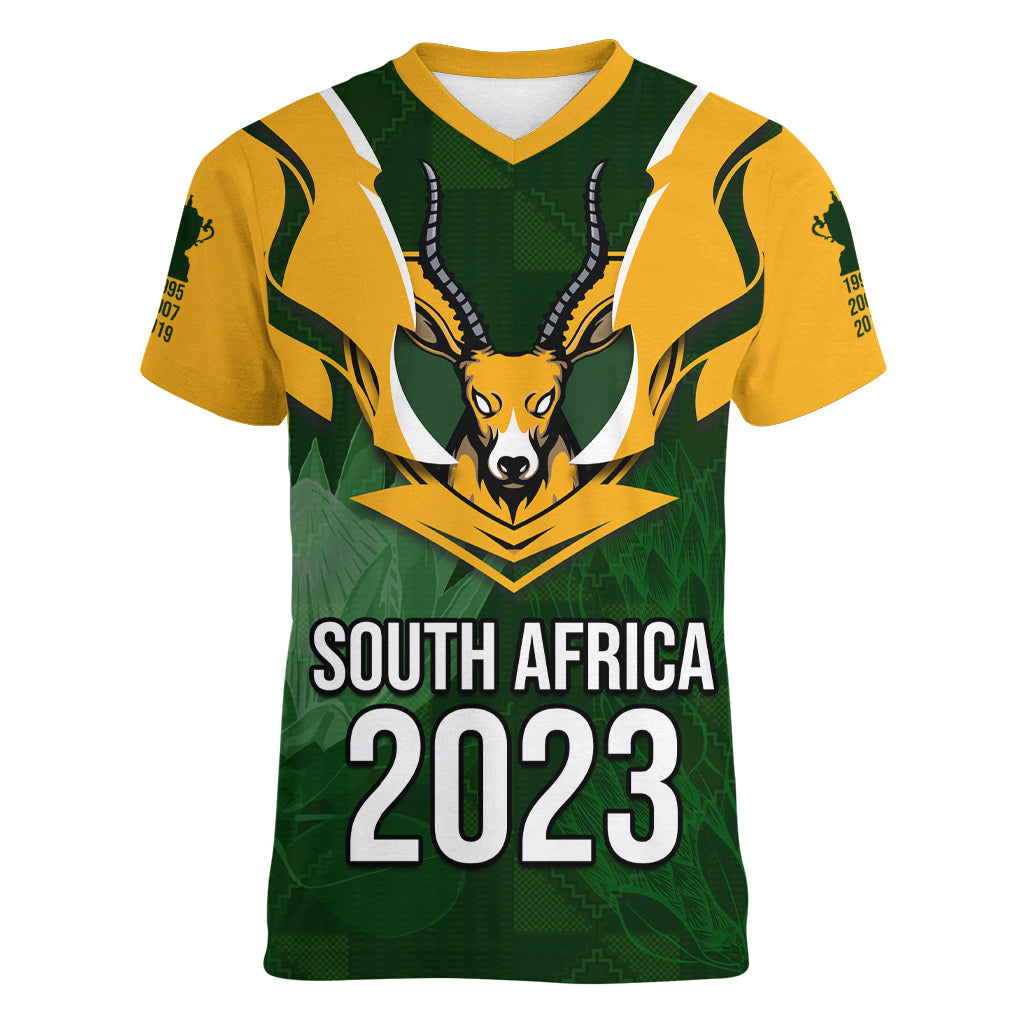 South Africa Rugby Women V Neck T Shirt Springbok Mascot History Champion World Rugby 2023 - Wonder Print Shop