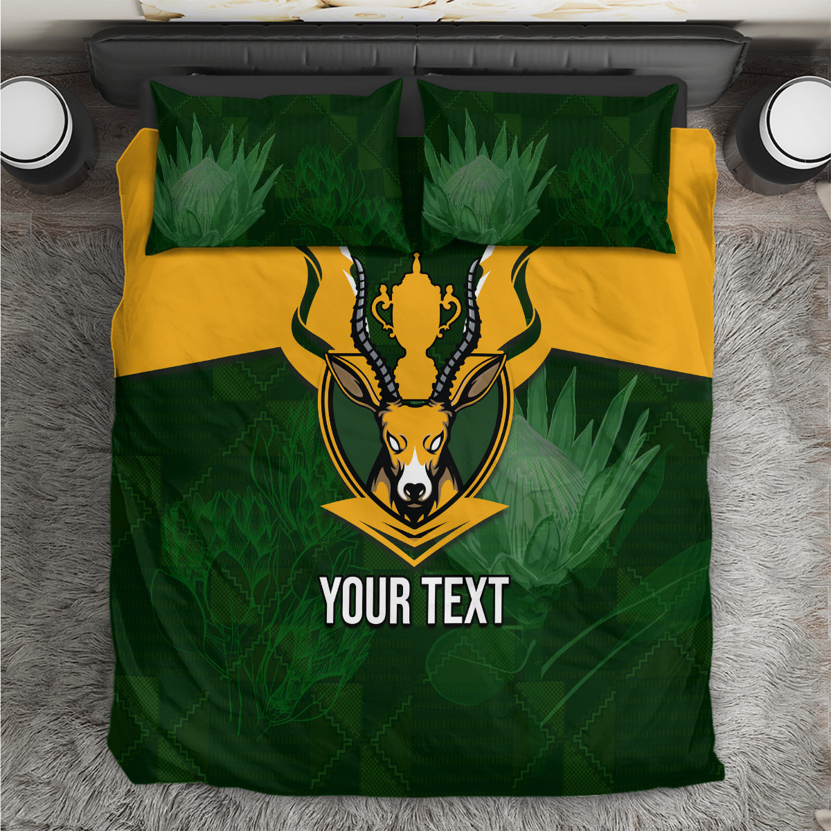 Personalized rugby bedding set, green duvet with yellow band, Springbok mascot and YOUR TEXT