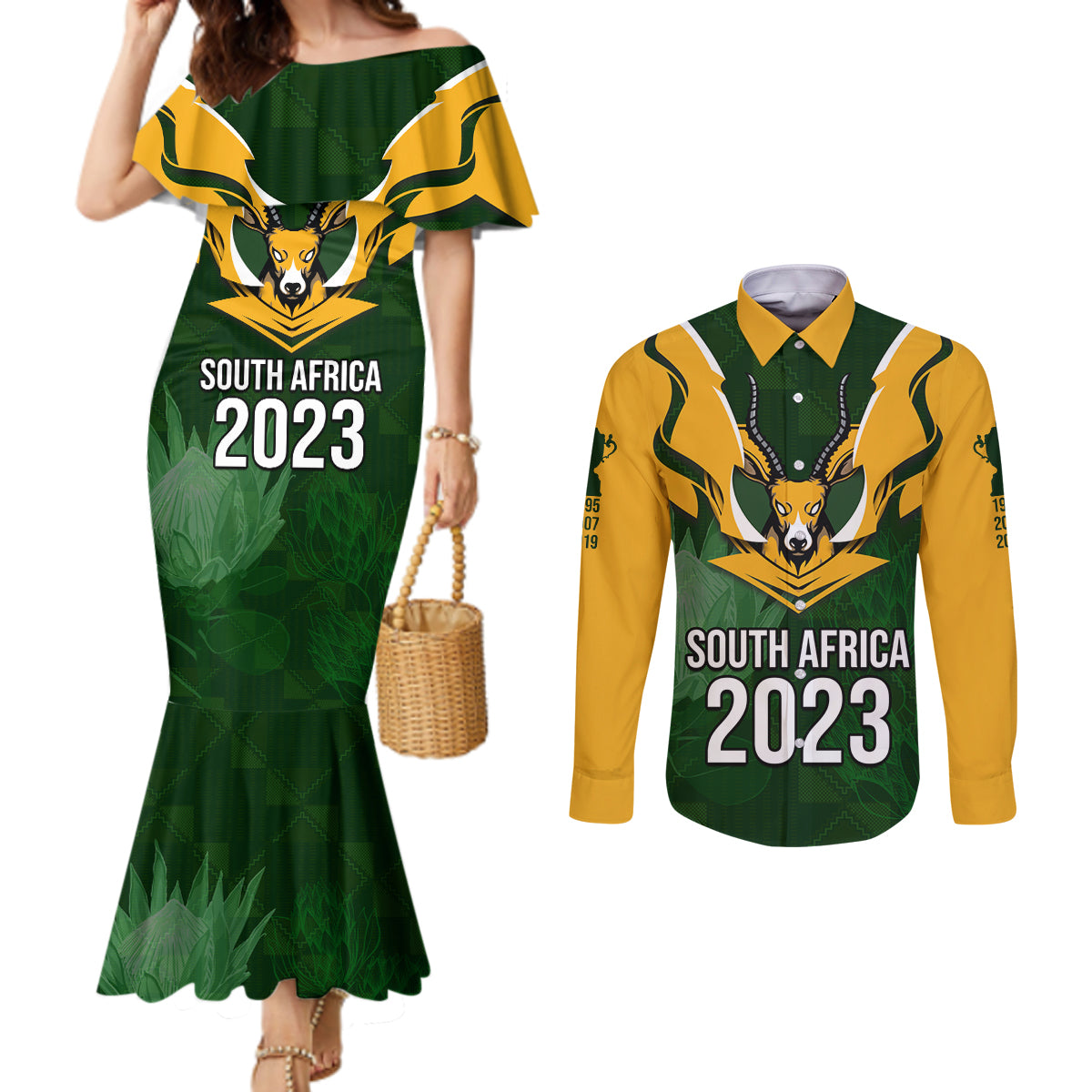 personalised-south-africa-rugby-couples-matching-mermaid-dress-and-long-sleeve-button-shirt-springbok-mascot-history-champion-world-rugby-2023