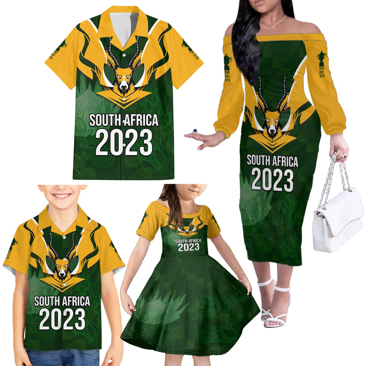 Personalised South Africa Rugby Family Matching Off Shoulder Long Sleeve Dress and Hawaiian Shirt Springbok Mascot History Champion World Rugby 2023 - Wonder Print Shop