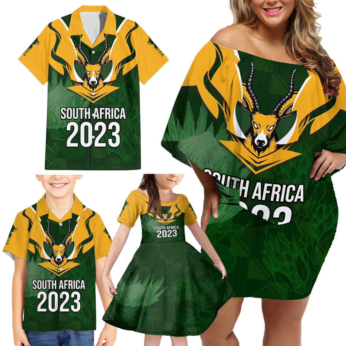 Personalised South Africa Rugby Family Matching Off Shoulder Short Dress and Hawaiian Shirt Springbok Mascot History Champion World Rugby 2023 - Wonder Print Shop