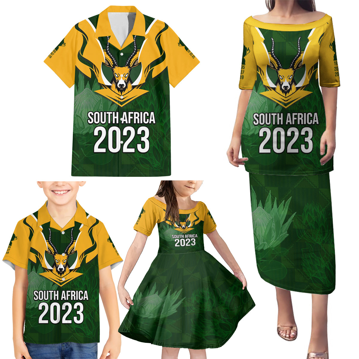 Personalised South Africa Rugby Family Matching Puletasi Dress and Hawaiian Shirt Springbok Mascot History Champion World Rugby 2023 - Wonder Print Shop