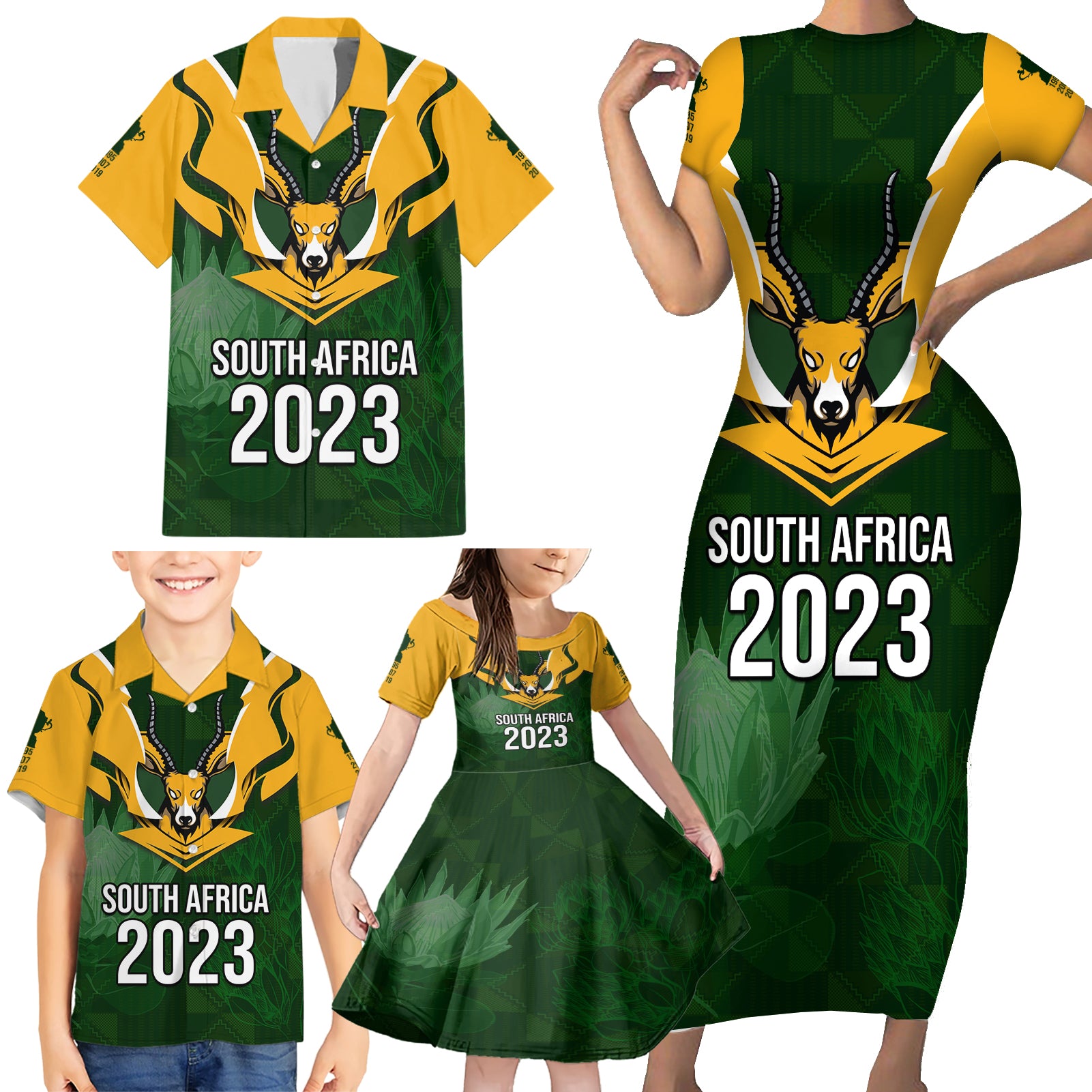 Personalised South Africa Rugby Family Matching Short Sleeve Bodycon Dress and Hawaiian Shirt Springbok Mascot History Champion World Rugby 2023 - Wonder Print Shop