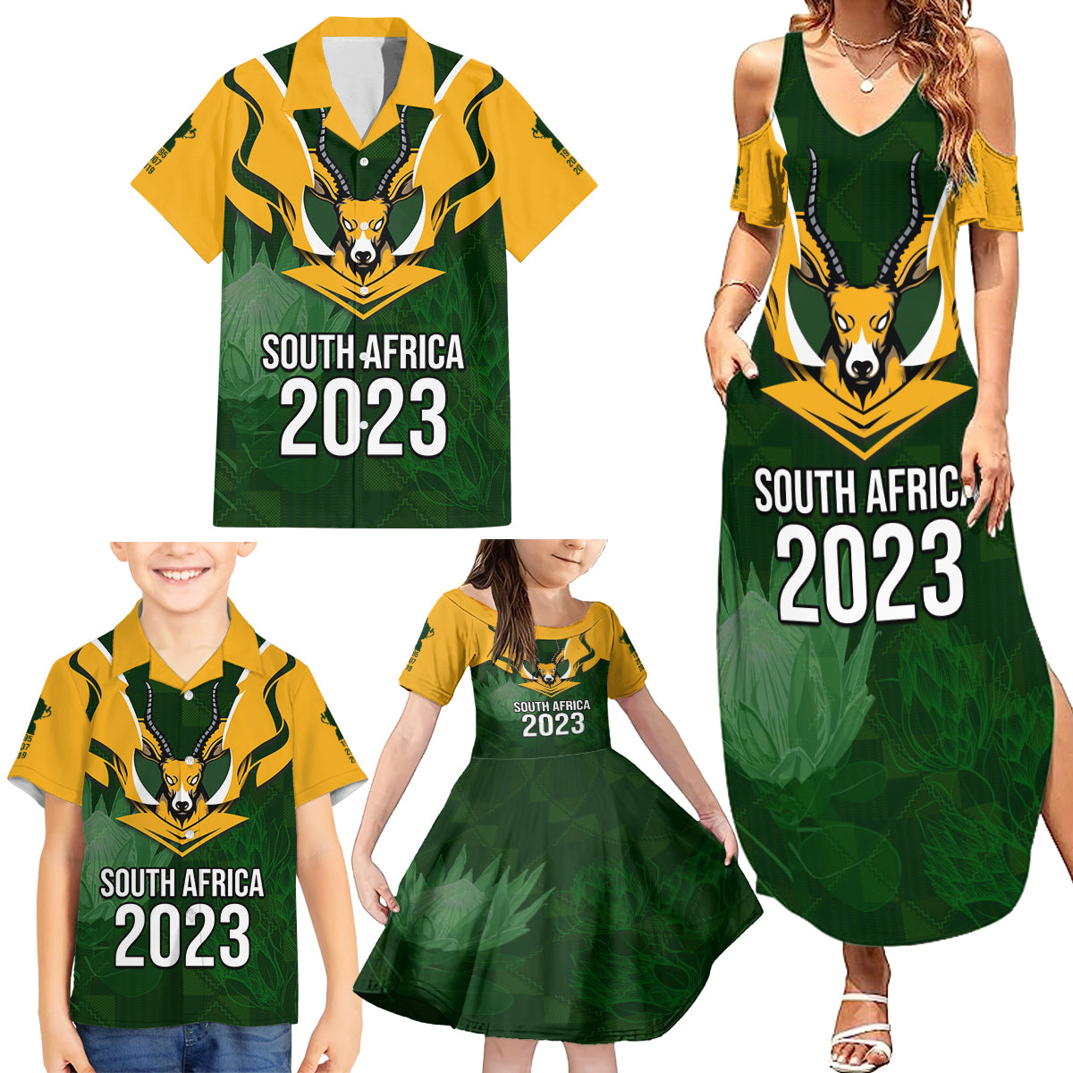 Personalised South Africa Rugby Family Matching Summer Maxi Dress and Hawaiian Shirt Springbok Mascot History Champion World Rugby 2023 - Wonder Print Shop