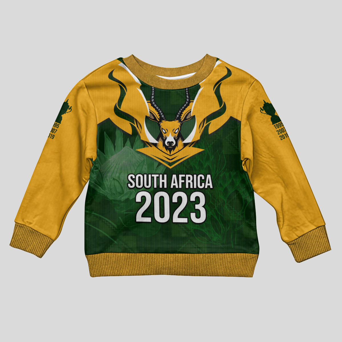 Personalised South Africa Rugby Kid Ugly Christmas Sweater Springbok Mascot History Champion World Rugby 2023 - Wonder Print Shop