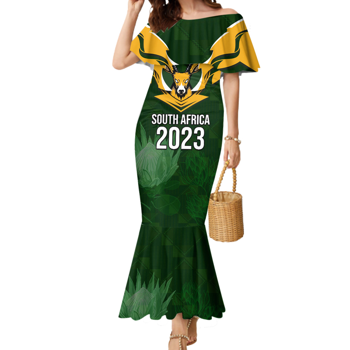 Personalised South Africa Rugby Mermaid Dress Springbok Mascot History Champion World Rugby 2023 - Wonder Print Shop