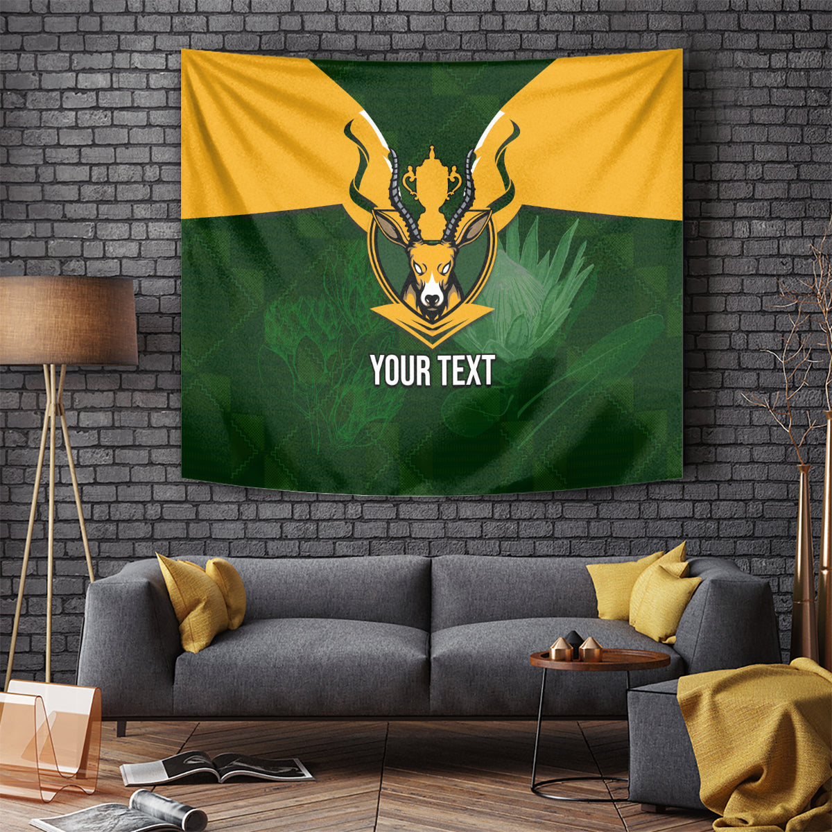 Wall-hanging rectangular rugby tapestry with Springbok mascot crest and 'YOUR TEXT' on green and gold