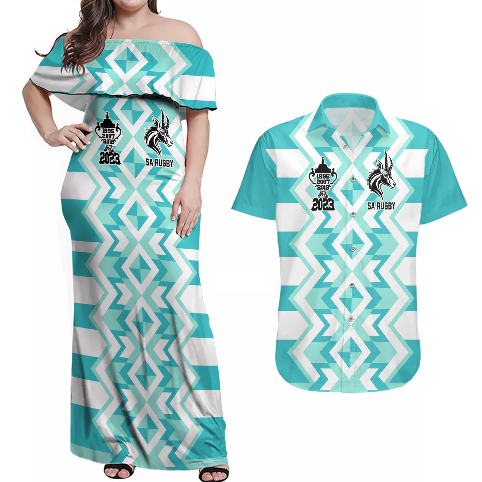 South Africa Rugby Couples Matching Off Shoulder Maxi Dress and Hawaiian Shirt Commemorative World Cup Winners 2023 - Wonder Print Shop