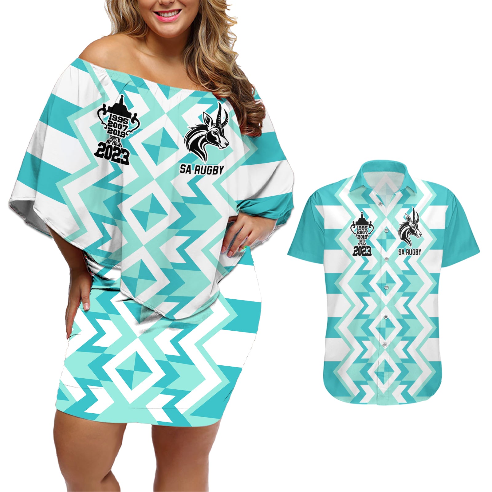 South Africa Rugby Couples Matching Off Shoulder Short Dress and Hawaiian Shirt Commemorative World Cup Winners 2023 - Wonder Print Shop