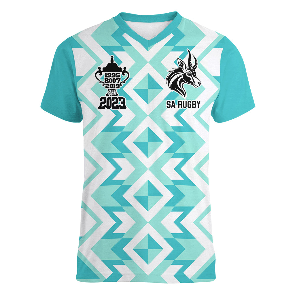 South Africa Rugby Women V Neck T Shirt Commemorative World Cup Winners 2023 - Wonder Print Shop