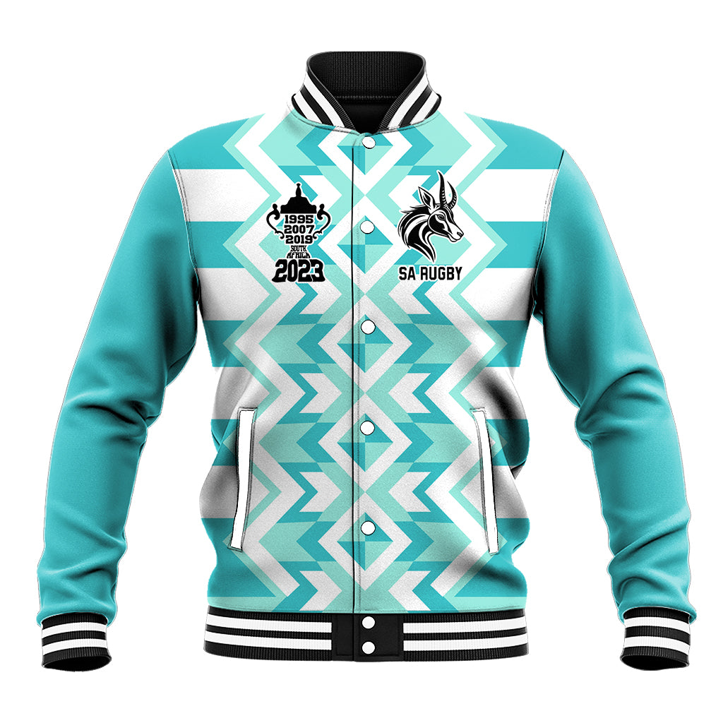 Turquoise baseball jacket with zigzag graphics, button front, striped ribbed trim