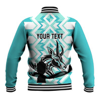 Turquoise baseball jacket with back 'YOUR TEXT' and rugby bull head graphic